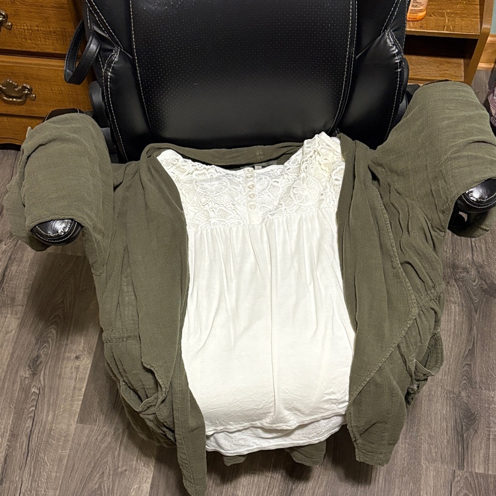 Olive Green Cardigan with White Lace Top